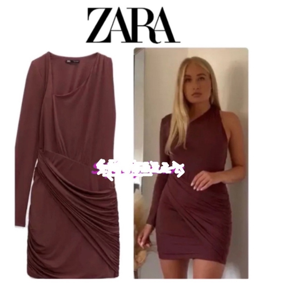 NWT Zara Asymetrical Long Sleeve Brown Dress